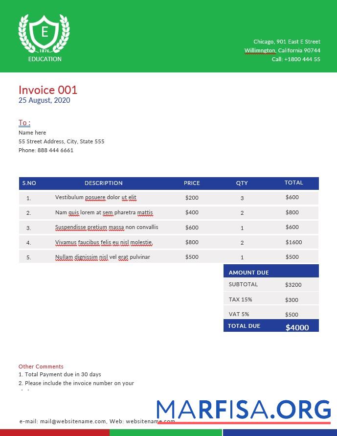 Printable A4 Education Invoice Template
